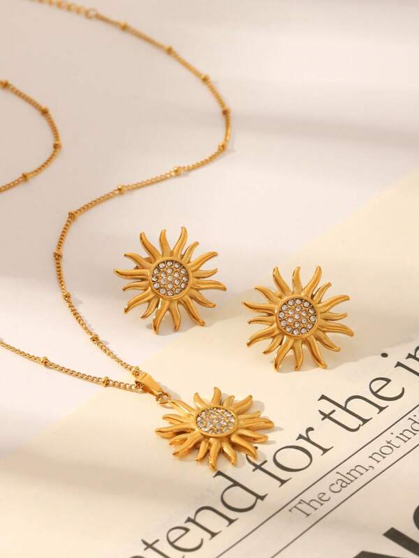 1pc/2pcs Set, 18K Gold Plated, Stainless Steel Sunflower Zirconia Stud Earrings And Necklace, Women's Classic Luxury Stainless Steel Jewelry, Wedding, Graduation, Holiday Gift