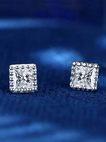 1 Pair S925 Sterling Silver Minimalist Square Diamond Screw Back Earrings, Small Dainty Cartilage Stud Earrings, Non-Piercing Clip-On Style, Fresh Elegant Layering Earrings, Gift