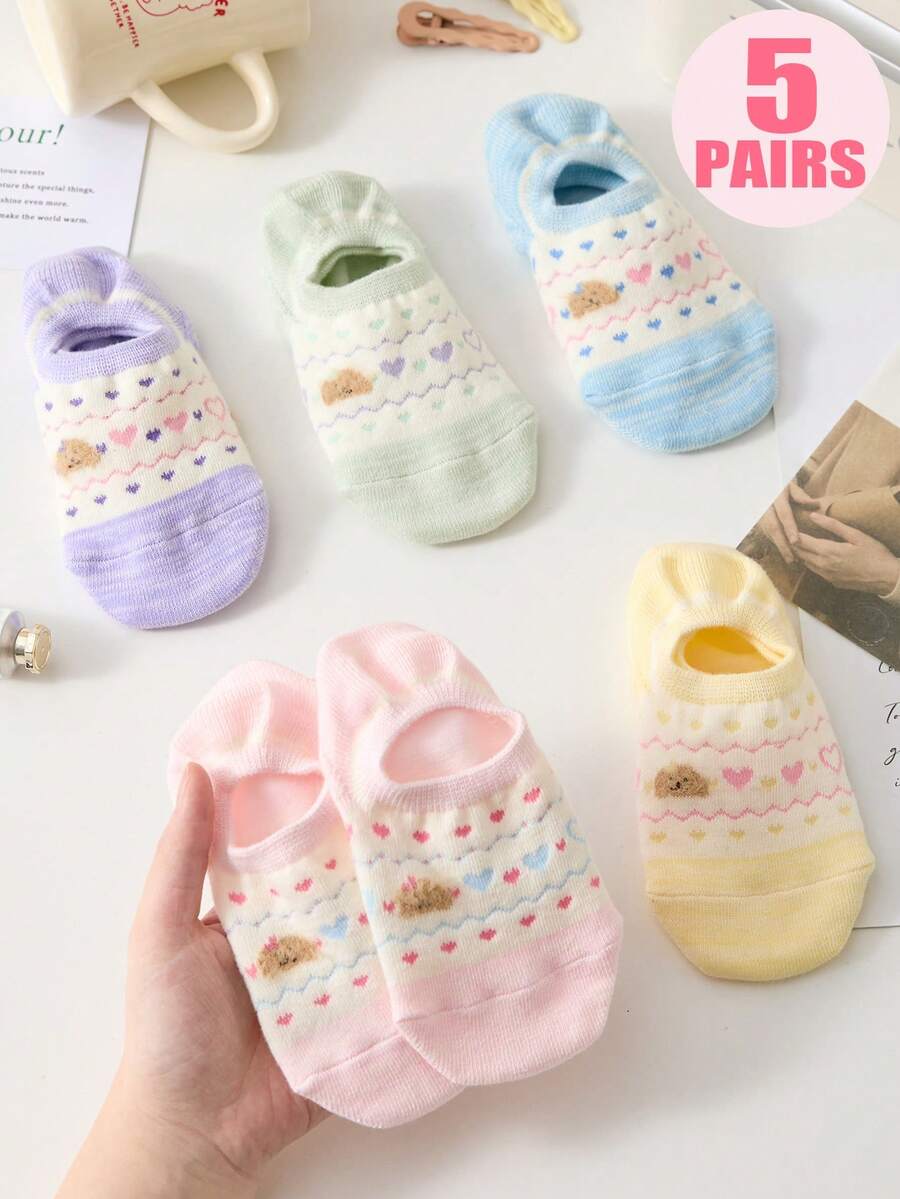 5 Pairs Of Women's Boat Socks, New Spring And Summer Season Short Socks, Cute Cartoon Plush Teddy Bear Invisible Socks, Popular Ice Cream Candy Colored Series Plain Socks, Heart Striped Pattern Sweet Girl Must-Have, Suitable For Indoor Rest Or Outdoor Sports Wear - Multicolor - View 1