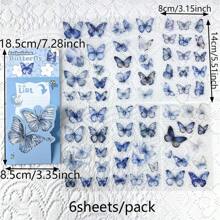 6pcs Flower & Butterfly Stickers - Self-Adhesive PET Plastic Stickers For Scrapbooking, Journals, DIY Crafts, With Blue, Gold Accents, Leaves And Butterflies, Rectangular Shape, Scrapbooking Stickers, Butterfly Decor,School Supplies,Back To School
