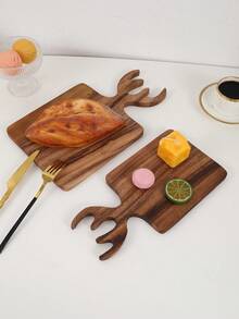 2pcs/1pc Teak Deer Antler Shaped Chopping Board, Bread Board, Vegetable Cutting Board, Fruit Cutting Board, Serving Tray - Brown - View 5