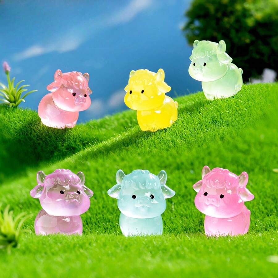 6/12/24/36/48pcs Luminous Mini Resin Cow Tiny Little Yak Figurines To Hide Glow In The Dark Miniature Figures For Micro Garden Landscape Decoration Craft Party Favors Toys(Random Color) - Multicolor - View 1