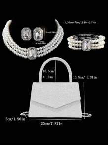 4 Peças Bolsa Feminina Multifuncional de Grande Capacidade, Bolsa de Festa, Bolsa de Ombro com Corrente, Colar de Pérolas de Luxo, Pulseira, Brincos, Joias de Festa