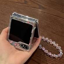 可爱粉色花朵贝壳手机壳带闪光手链适用于三星 Galaxy Z Flip 5 6 Z Flip6 ZFlip7 ZFlip 5 Zflip6 Zflip5 防震后盖防水防摔防刮 - 粉色 - 查看 9