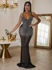 Elegant Chic High Stretch Fabric Long Spaghetti Strap Dress With Rhinestone Details Glamorous Semi-Sheer Mermaid Hem Formal Evening Wear For Women,Prom Dress,Long Party Dresses, Christmas Women's Clothing