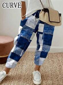 Plus Size Casual Plaid Drawstring Pants - Blue - View 1