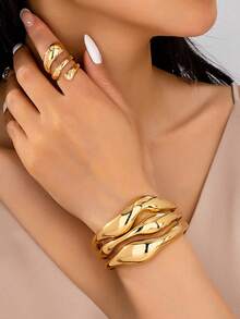 4pcs/Set Minimalist Chic Chunky Metallic Golden Geometric Teardrop Line Shape Bracelet, Ring, Earrings Jewelry Set, Suitable For Women, Thick Smooth Metal And Zinc Alloy Material - Yellow Gold - View 17