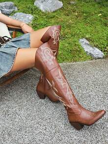 Women's Retro Embroider Thigh High Western Cowboy Boots Fashion Block Chunky High Heels Pointed Toe Vintage Cowgirl Boots Woman - 棕色A - 查看 3