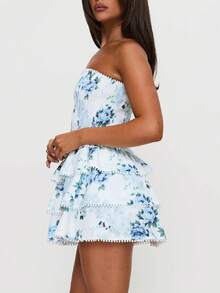 Women Y2K Strapless Short Dress Backless Tube Ruched Ruffle Mini Dress Floral Flowy Sleeveless Bodycon Sundress - 藍色 - 查看 2