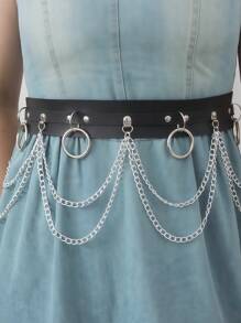 1 pieza Cinturón de mujer de talla grande con colgante de círculo de metal negro de doble capa, decoración de cintura de cuero, estilo punk oscuro, para accesorio de vestido diario de verano, escuela, otoño, Halloween