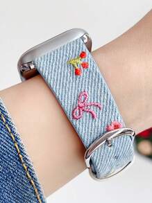 1 Stück Armband mit Stickerei für Damen, Blumen, Kirsche, Waschbares Denim-Leder, passend für Band 38mm 40mm 41mm 42mm 44mm 45mm 49mm S10 42mm S10 46mm, Stylisch, Niedlich, Bequem austauschbares Band kompatibel mit Series Ultra 2