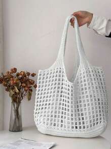 Women's Hollow Knit Shopping Tote Bag, Crochet Handbag, Large Capacity Portable Storage Bag, Suitable For Travel, Outdoor, School Use, Beach Vacation Or Easy Carry, Mother's Day Gift
