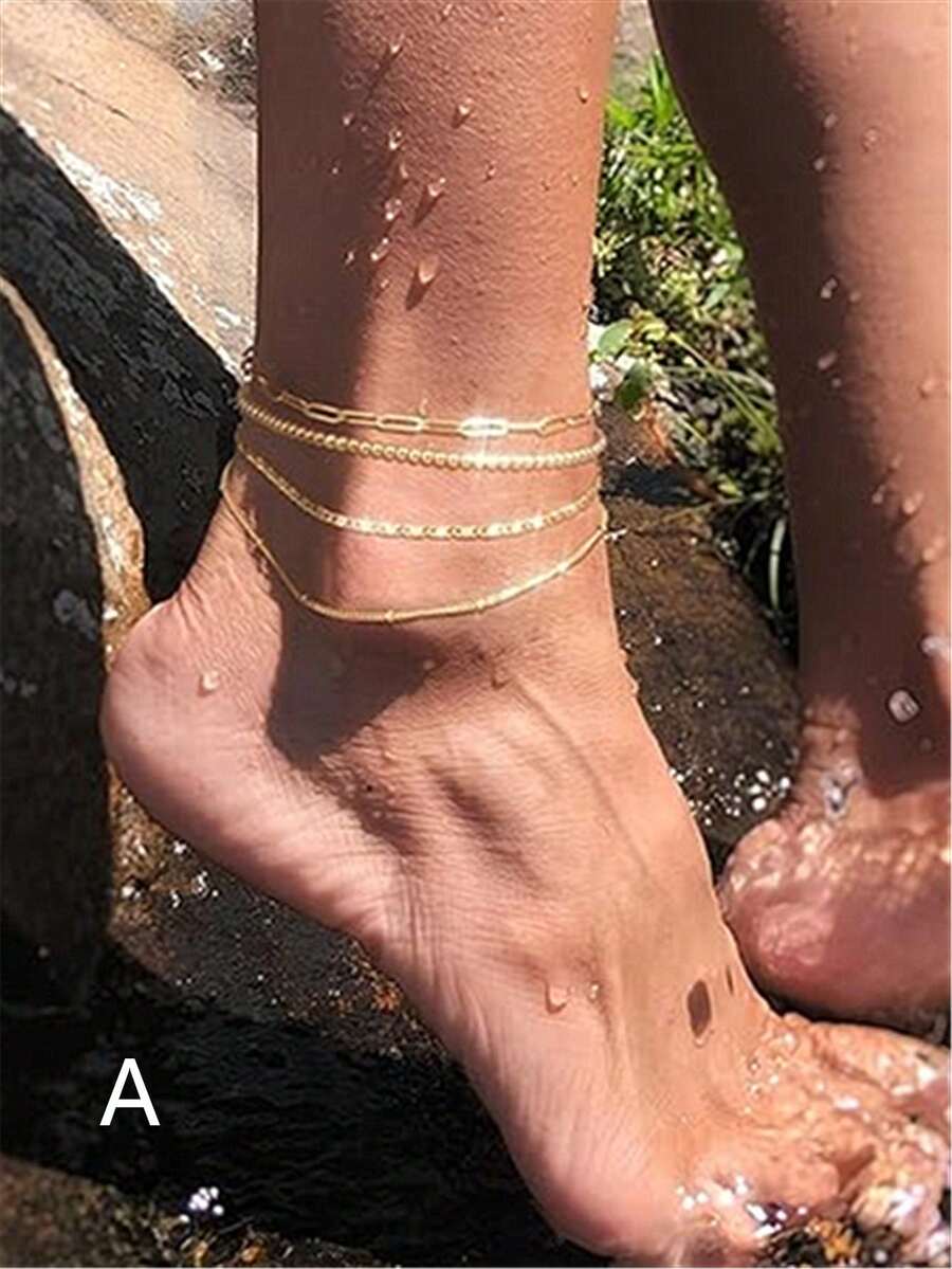 4-5pcs Beaded Chain Simple Anklet Set For Women, Beach Resort Party Gifts - Multicolor - View 1