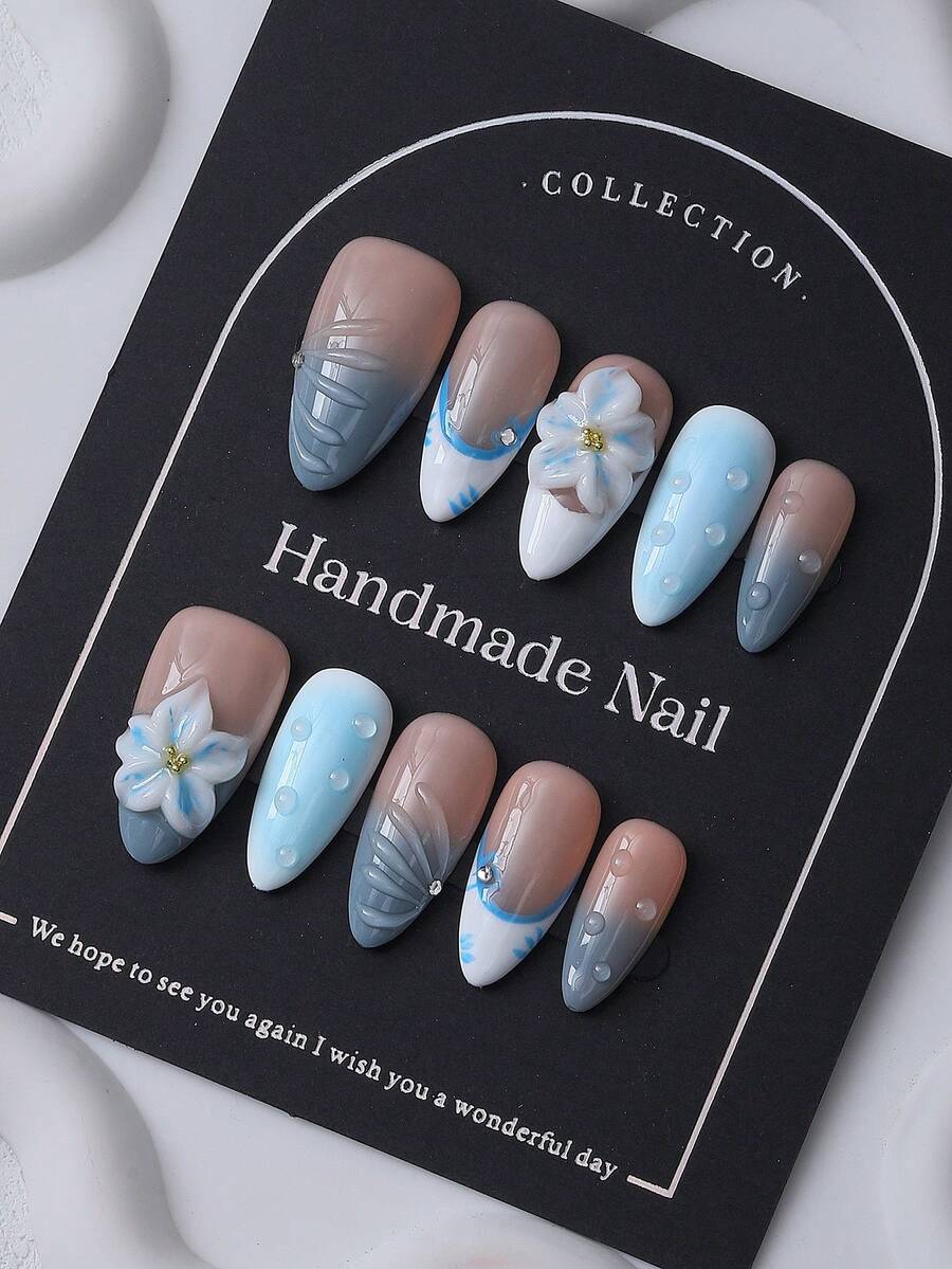 10 件杏仁形 3D 花卉指甲按压式美甲，手绘蓝色海洋风格，Y2K 和 Ins 女孩时尚，优雅设计适合女性和女孩按压式指甲美甲用品 - 藍色 - 查看 1