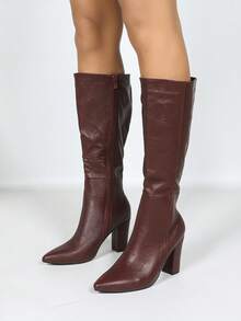 Women's Burgundy Pointed Toe Chunky Heel Over-The-Knee Boots, Stylish Casual Party Elegant Personalized Fashion Versatile Knee-High Boots - Burgundy - View 2