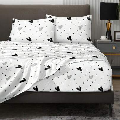 Juego de ropa de cama de 4 piezas con patrón geométrico de corazones blancos, juego de ropa de cama de microfibra suave y fácil de cuidar, juego de sábanas con patrón floral (1 sábana + 1 falda de cama + 2 fundas de almohada), diseño de falda de cama con bolsillo profundo que se ajusta a colchones de hasta 11.8 pulgadas, transpirable y resistente a las arrugas, estilo de hotel de lujo, regalo para padres, amigos, adecuado para la temporada de regreso a la escuela