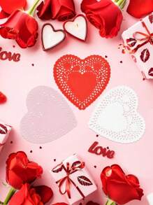 100pcs Heart Lace-Trimmed Paper Doilies Red, Pink, White - Perfect For Valentine's Day Decorations