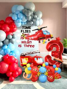 58pcs Helicopter Birthday Number Set, Including 32 Inch Red Number, Red Helicopter, Fire Truck, Star Foil Balloon And Red, Yellow, Blue Latex Balloons, Suitable For Birthday Party, Theme Party - Multicolor - View 6