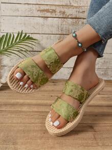 Sandálias Femininas Casuais Plus Size de Sola Grossa com Impressão Verde Boêmia Clássica, Chinelos Confortáveis para Casa/Exterior, Versátil