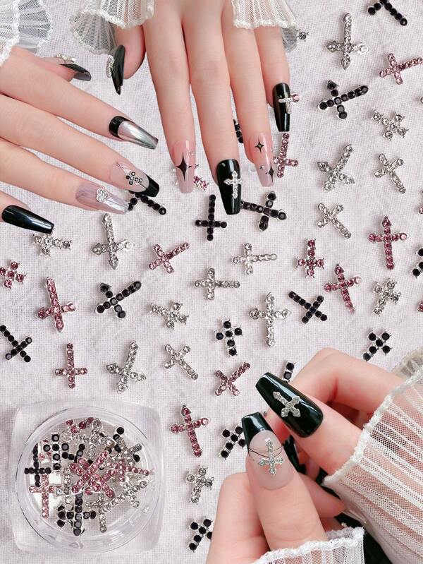 klenot 20 Stücke Luxus Kreuz Nail Schmuck Set, geeignet für 3D Kreuz Perlen Nagelkunst, legierte Kreuz Nail Dekorationen mit flachen Kristallrhinestones, transparenter Diamant Nail Schmuck, 3D Nail Dekoration