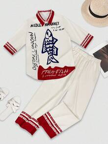 女士春夏时尚波西米亚风格度假热带鱼印花短袖衬衫和长裤两件套