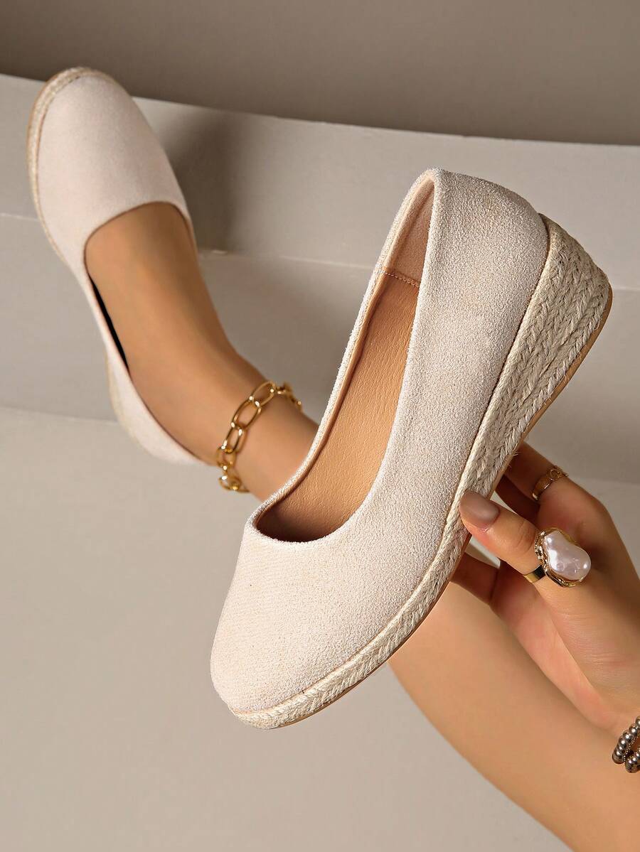 Women's Spring/Autumn New Elegant Comfortable Wedge Heel Slip-On Shoes, Thick Woven Straw Rope Sole - Beige - View 1