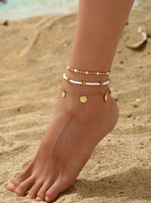 3pcs Stylish Bohemian Multilayer Beaded Sequin Anklet, Suitable For Women Beach Party Wear (Random Accessory Placement)