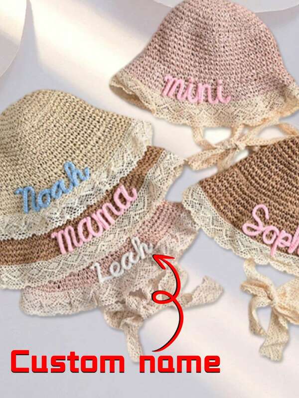 1 Personalized Lace Beach Hat, Customized Name Adjustable Hollow Straw Beach Hat, Seaside Vacation Small Brim Sun Hat, Customized Yarn Name Hat, Summer Hat, Gift For Her