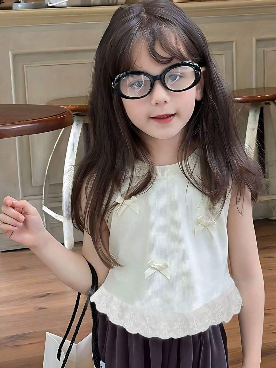Young Girl Bowknot Ruffle Trim Sleeveless Top, Cute Girls Top, Suitable For Spring And Summer - White - View 1