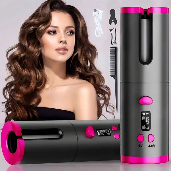 Cordless Automatic Curling Iron - Type-C Rechargeable 4000mAh , Home Automatic Hair Curler, 6-Level Temperature Control - Perfect For Long Hair, Anti-Scald Big Wave Curling Iron, Portable Curling Wand,Suitable For Traveling,Holiday Gifts