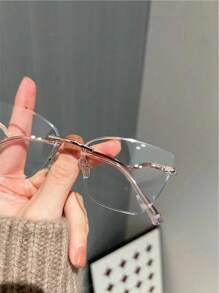 Unisex Simple Metal Spring Rimless Cat Eye Clear Lens Glasses