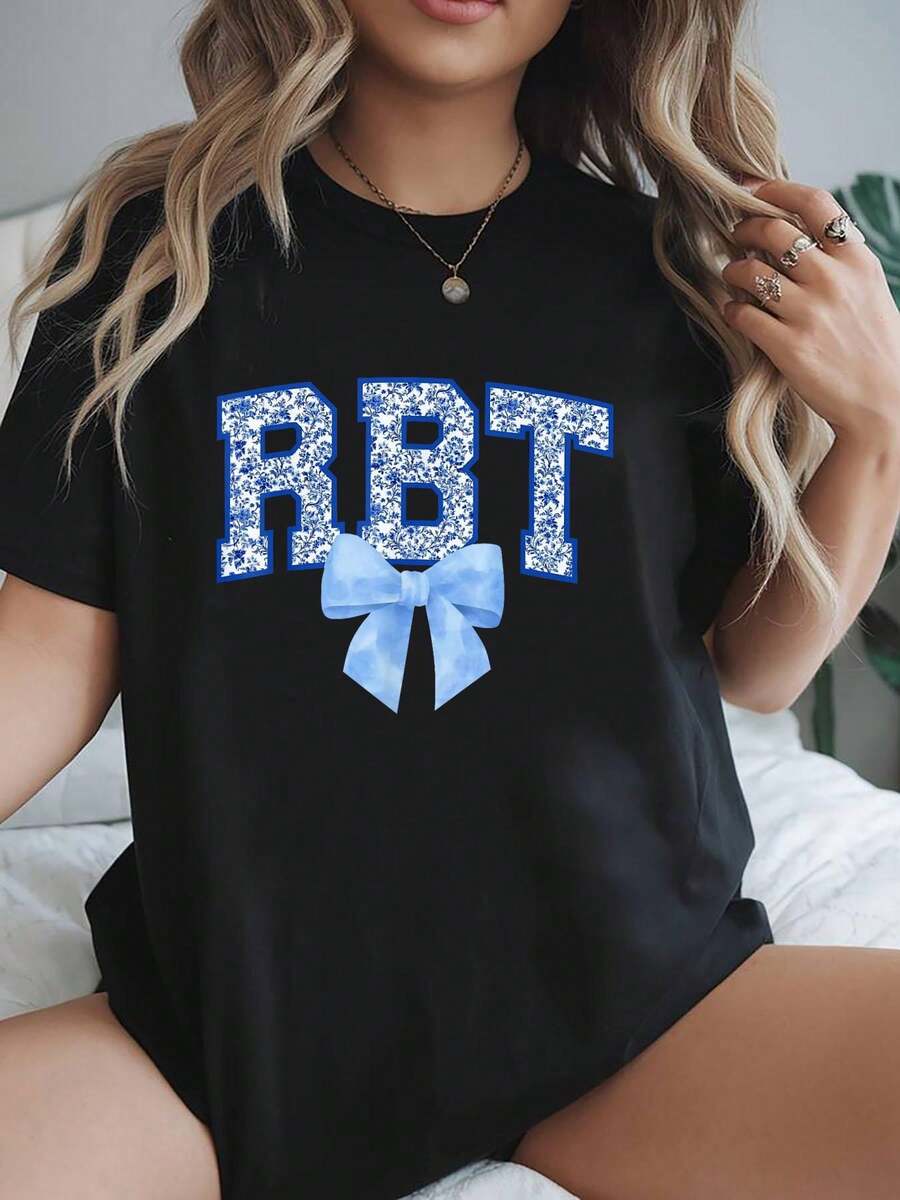 Summer Tops, Rbt Registered Behavior Technician Aba Coquette Bow Womens T-Aba Coquette-Coquette Bow Womens T-Shirt Women's Round Neck Short Sleeve T-Shirt Fashion Graphic Tees Women Top - 黑色 - 查看 1