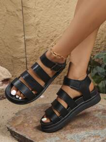 Simple Design Women Thick Sole Sandals, Leather Buckle Closure, Plus Size Casual Sandals, Beach Shoes, Student Sandals, Flat Strappy Sandals, Waterproof Peep Toe Sandals, Retro Elegant Roman Sandals, Suitable For Wide Feet, Versatile Summer Casual Shoes, English Style Leather Sandals, Rain Shoes, Work Shoes, Comfortable Casual Shoes, Style Sandals, Sports Sandals, Casual Sandals, Cargo Sandals, Fashionable Outdoor Sandals