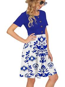 Vestido corto de mujer para el verano con pliegues, botones delanteros y bolsillos hasta la rodilla, modelo 2025 nuevo - Azul - Ver 3