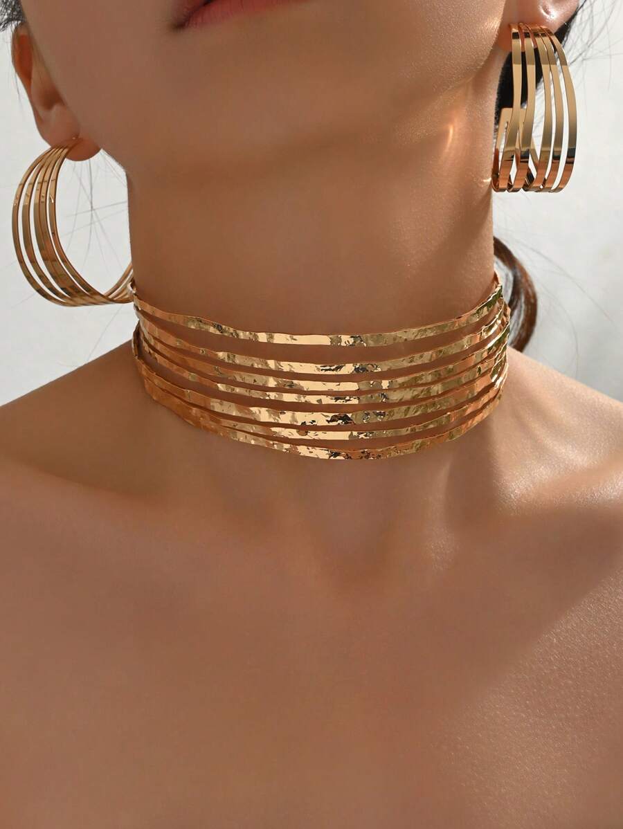 3pcs/Set Elegant Classic Glossy Geometric Lines Multi-Layer C-Shaped Earrings & Necklace Set For Women