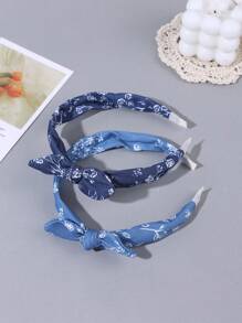 2 piezas Diademas azul vaquero para niñas, vinchas con lazo y estampado de flores, tocado vintage elegante y sencillo, regalo de fiesta para niñas, aros para el cabello, accesorios para el cabello de niños
