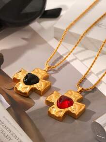 1 pieza/2 piezas, Collar con dije de cruz de acero inoxidable chapado en oro de 18k con ágata roja y obsidiana negra, joyería de lujo clásica de acero inoxidable para mujer, regalo para boda, graduación o festivo