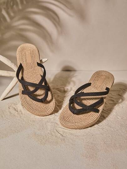 Tropiscape 女士黑色度假人字拖，仿麂皮趾柱设计，营造度假氛围，休闲海滩秋季圣诞节冬季圣诞礼物