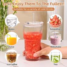 Retro Ribbed Glass Cup With Lid & Straw - Large Vertical Striped Double-Wall Tumbler, Perfect For Whiskey, Cocktails, Iced Coffee & Cold Drinks - 透明 - 查看 9