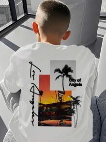 1 pieza Camiseta de manga corta con estampado de palmera blanca y puesta de sol, apta para niños y adolescentes, camiseta de verano, para estudiantes jóvenes