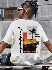 1 pieza Camiseta de manga corta con estampado de palmera blanca y puesta de sol, apta para niños y adolescentes, camiseta de verano, para estudiantes jóvenes