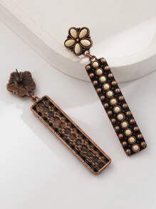 1 Pair Women's Vintage Inlaid Turquoise Long Dangle Earrings, Suitable For Banquet Wear