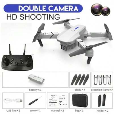 Envio mais rápido: 2 dias Drone E88 Pro WIFI FPV com câmera e fluxo óptico - Dispositivo portátil para fotografia aérea para iniciantes, uso interno e externo, presente ideal para Natal, Halloween e Ação de Graças, controlador de voo quádruplo, captura de vídeo 480P, altitude máxima de voo 150 m, velocidade horizontal máxima 4 m/s, duração da bateria de 10 a 15 minutos, controle remoto WiFi, drone para ambientes externos | Drone com câmera dupla | Mini Drone de Fluxo Óptico E88 Pro WIFI FPV com Câmera Controle Remoto Brinquedo 4K Grande Angular HD Quadricóptero Dobrável