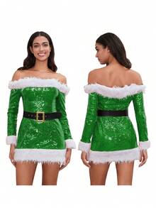 Women's Christmas Santa Dress Deluxe Mrs. Claus Costume Off Shoulder Long Sleeve Bodycon Mini Dress - Green - View 7