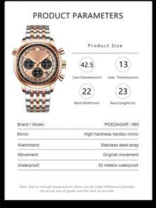 POEDAGAR 1pc Men's Fashionable Quartz Watch, Stainless Steel Multi-Function Date Chronograph Waterproof Luminous Pointer Wristwatch, Suitable For Business Occasions - Rose Gold - View 8
