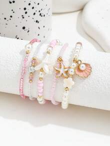 5 件套海洋元素夏季串珠珍珠水晶天然贝壳手链，海滩度假贝壳海星吊坠波西米亚弹力手链 - 淺粉色 - 查看 2