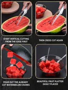 1PC Stainless Steel Fruit Cutter, Watermelon Cutter Slicer, Watermelon Cube Cutter, Cut Watermelon Into Cubes Knife Melon Baller For Kitchen Gadgets - Silver - View 7