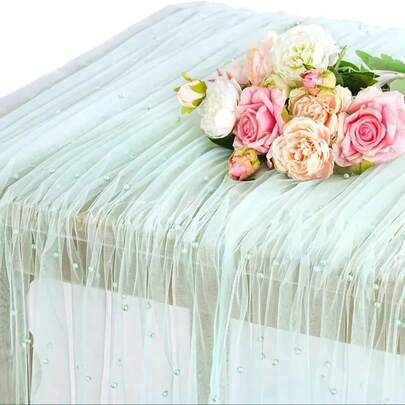 Pearl Decorated Table Runner, White Pearl Tulle Table Runner For Wedding, Extra Long Table Runner For Wedding Arch Decor, Reception Bridal Shower Gift, Christmas Decoration