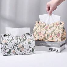 1pc PU Leather Tissue Box Cover With Floral Print Design, Butterfly & Flower Pattern Tissue Box For Desktop, Home, Living Room, Bedroom, Car, Makeup Storage Organizer, Suitable For Back To School, Wedding Season, Birthday Party