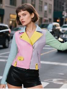 Risissida Women's Fall And Winter Color Block PU Biker Jacket – Versatile Commuting & Casual Coat With Zippered Pockets